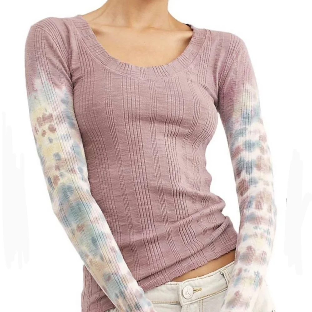 Free People Big Sur Top Long Tie Dyed Sleeves Scoop Neck Ribbed Knit Mauve L EUC